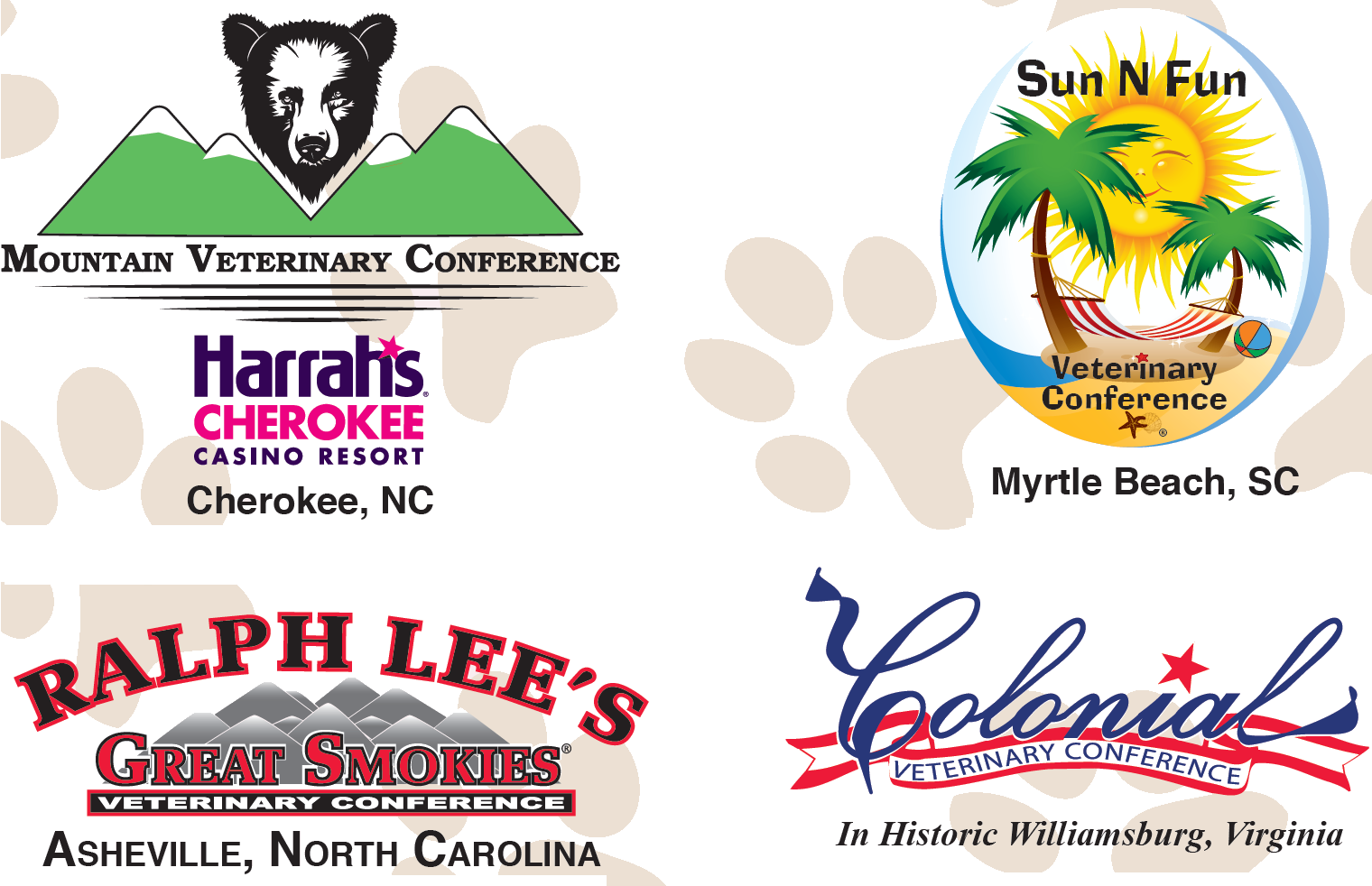 Our Conferences for 2020: Mountian Veterinary Conference, Sun N Fun Veterinary Conference, Ralph Lee's Great Smokies Veterinary Conference and Colonial Veterinar Conference