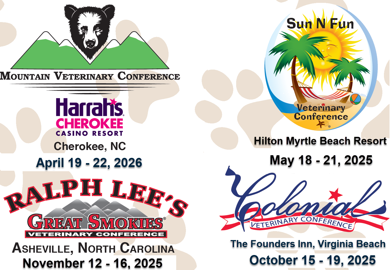 Our Conferences for 2025: Mountian Veterinary Conference, Sun N Fun Veterinary Conference, Ralph Lee's Great Smokies Veterinary Conference and Colonial Veterinary Conference