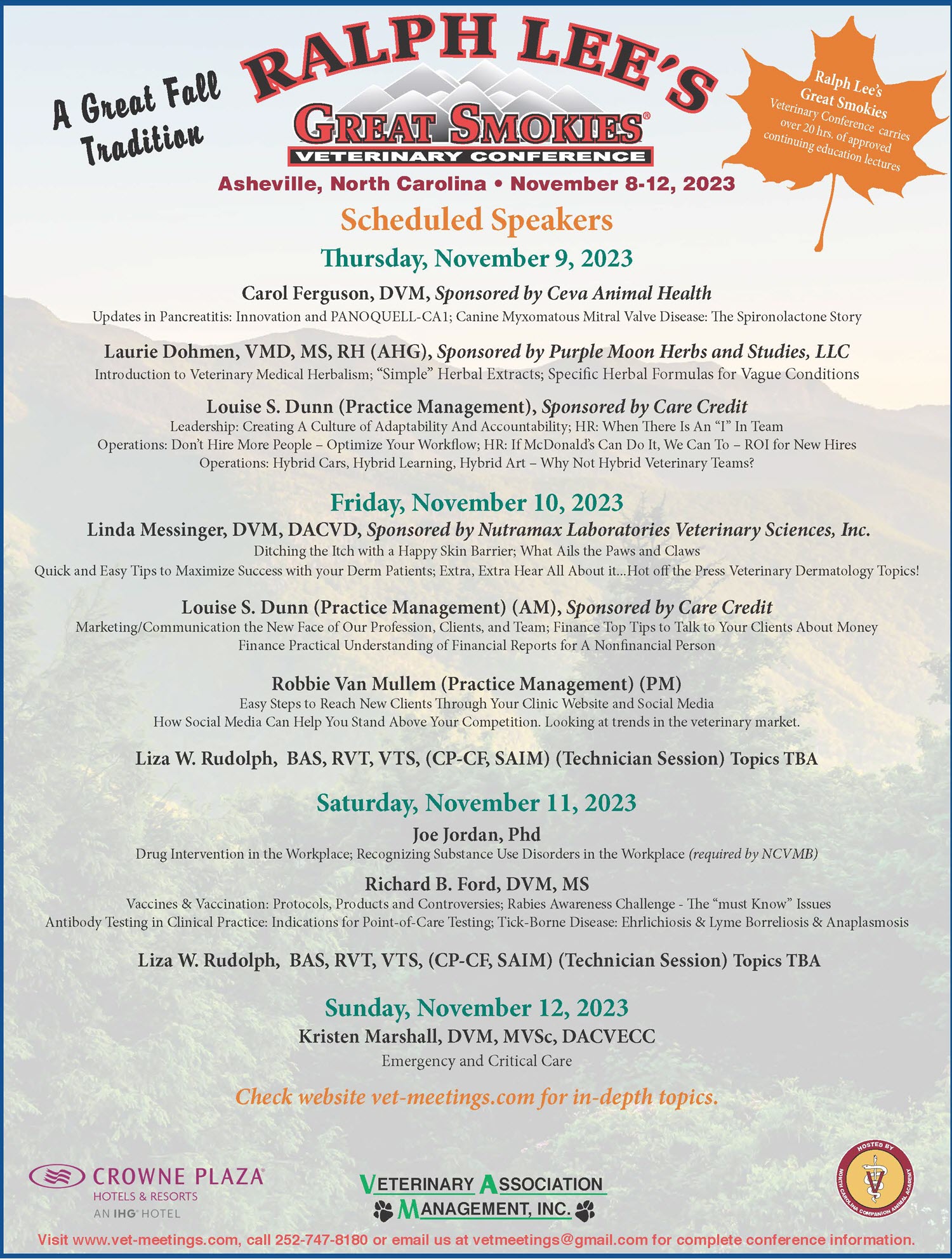 Ralph Lee's Great Smokies Veterinary Conference November 8 - 12 2023 A Great Fall Conference in Asheville, North Carolina